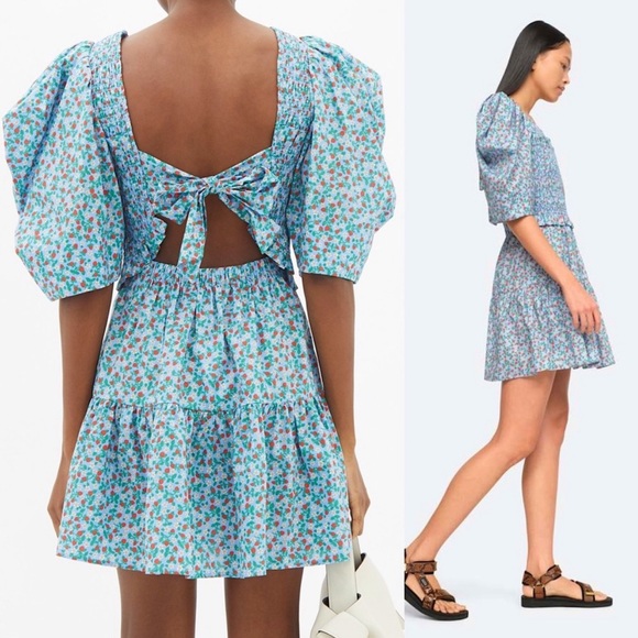 (Sold) SEA Liberty Strawberry Floral Puff Sleeve Smocked Tie Back Tiered Ruffle - Picture 3 of 13